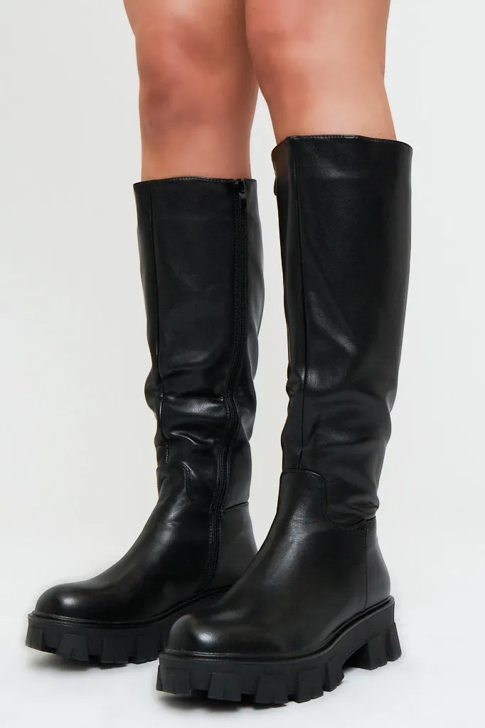 Black PU Faux Leather Knee High Boots - Ellea