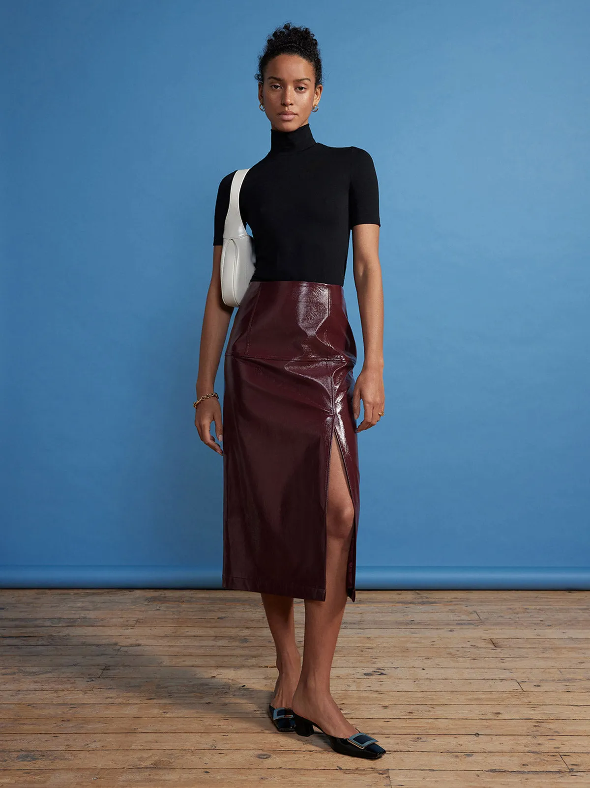 Clea Chocolate Vinyl Midi Skirt