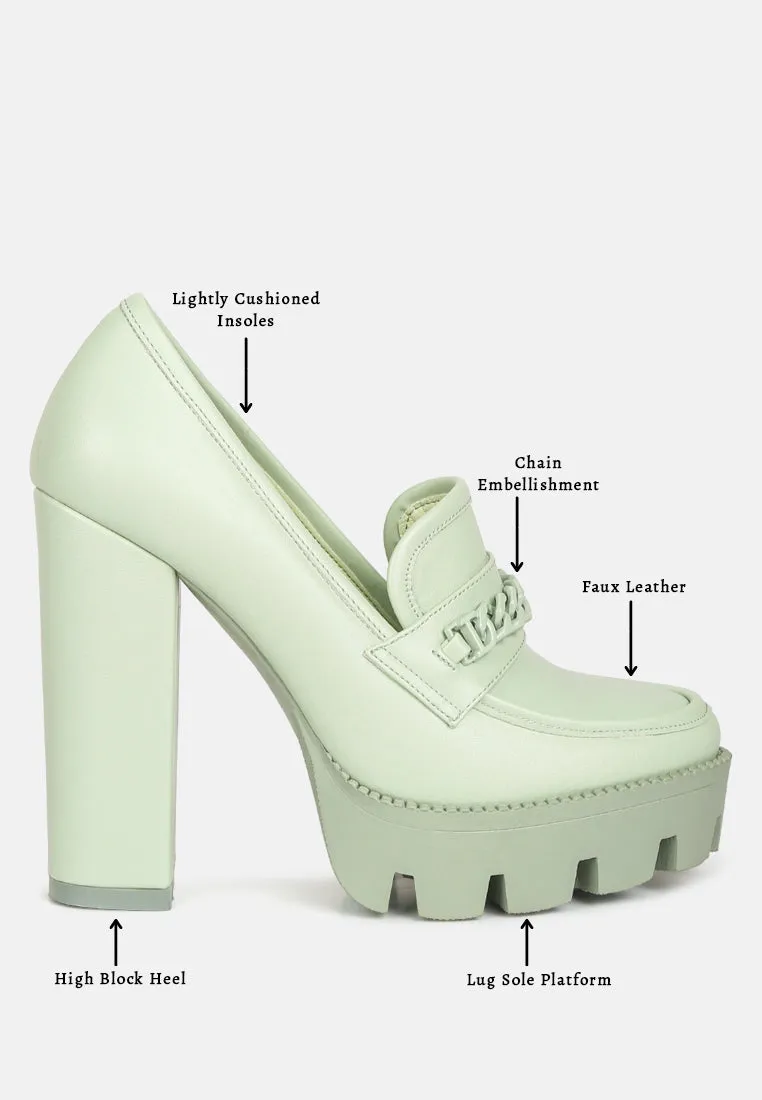 CORINNE Green Chain Embellished Chunky Loafers