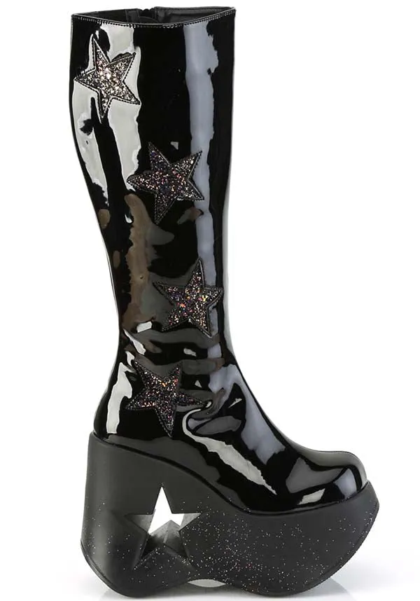 DYNAMITE-218 [Patent Black/Glitter] | PLATFORM BOOTS [PREORDER]