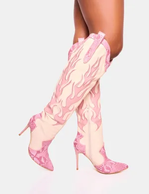 Jacksonville Pink Flame Motif Western Stiletto Heel Over the Knee Boot