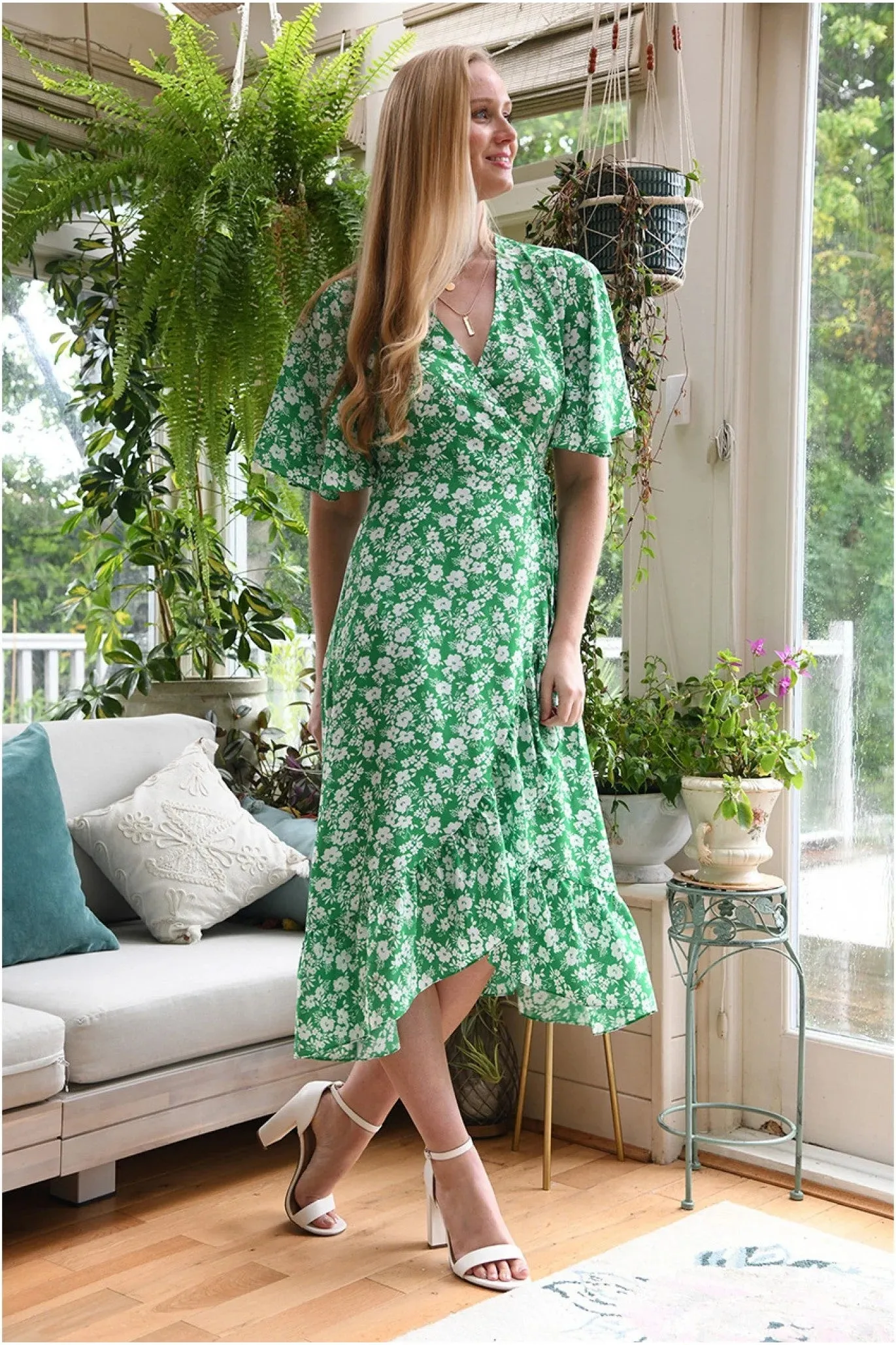 Mela London Green Ditsy Daisy Wrap Effect Frill Dress