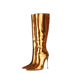 Metallic Patent Leather Thin Heels Knee-High Boots