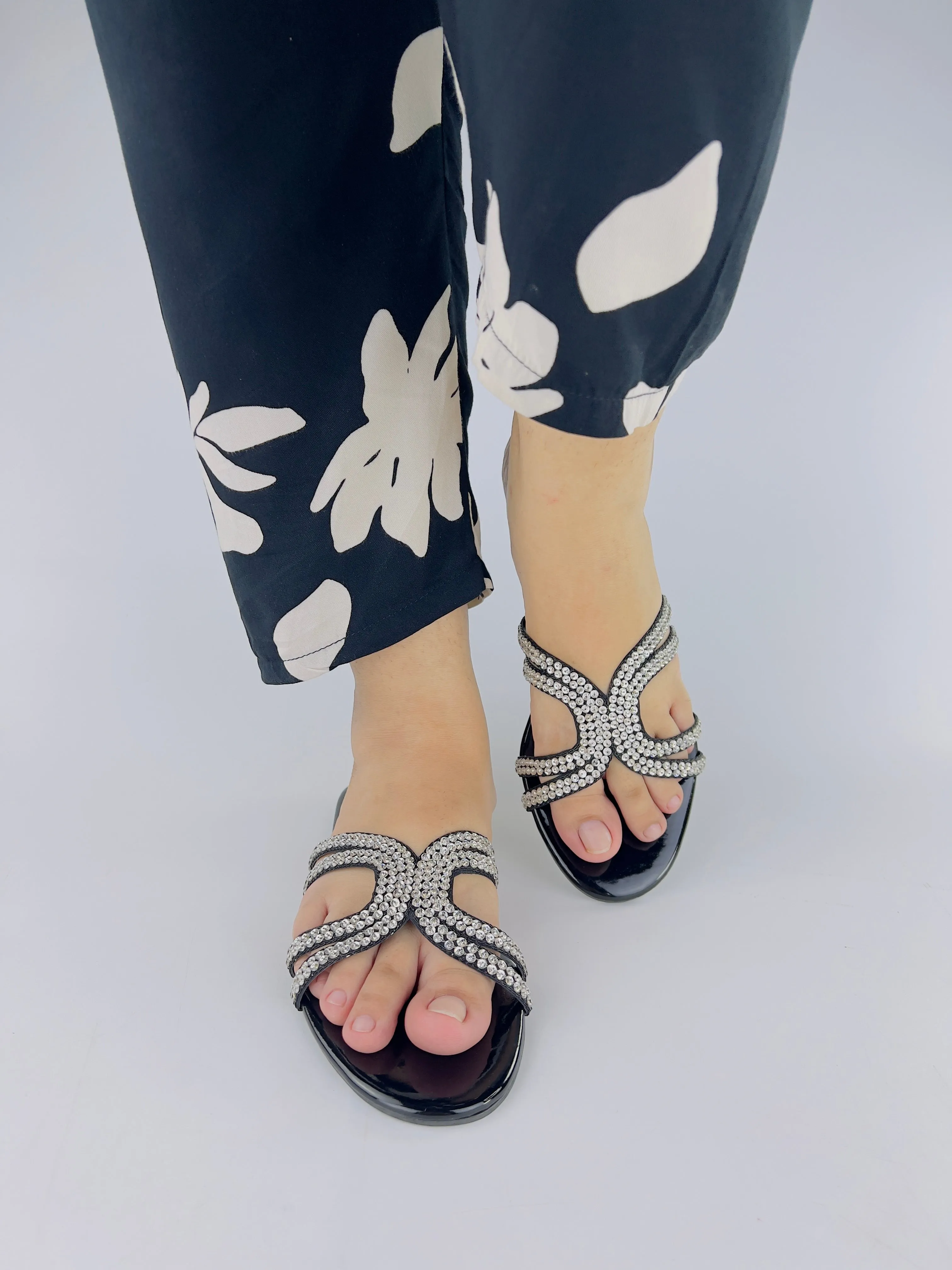 Mila Black Double Strap Crystal Embellished Flat Slides