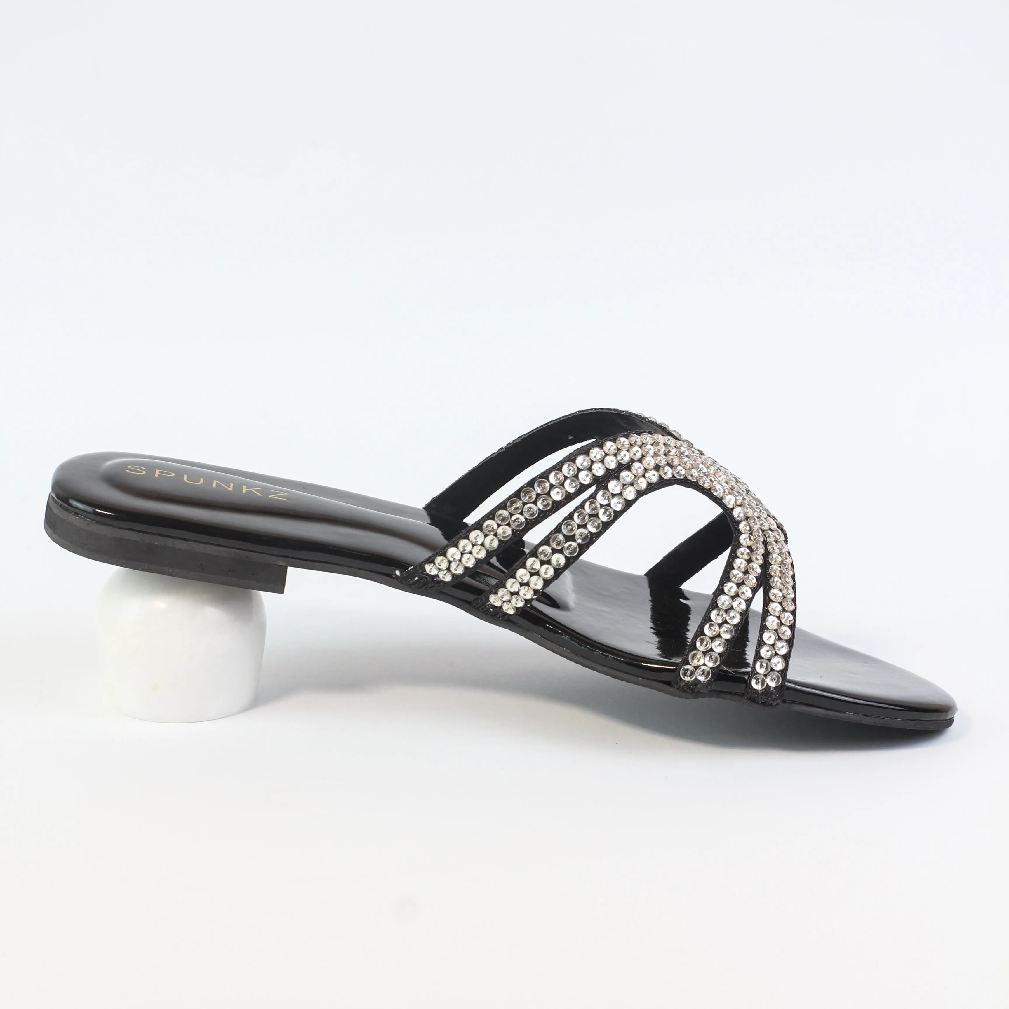 Mila Black Double Strap Crystal Embellished Flat Slides