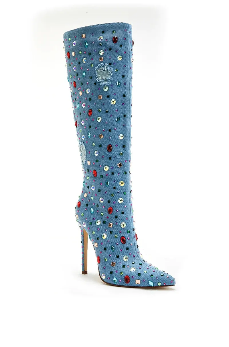 Multicolor Rhinestones Studded Knee-High Denim Boots