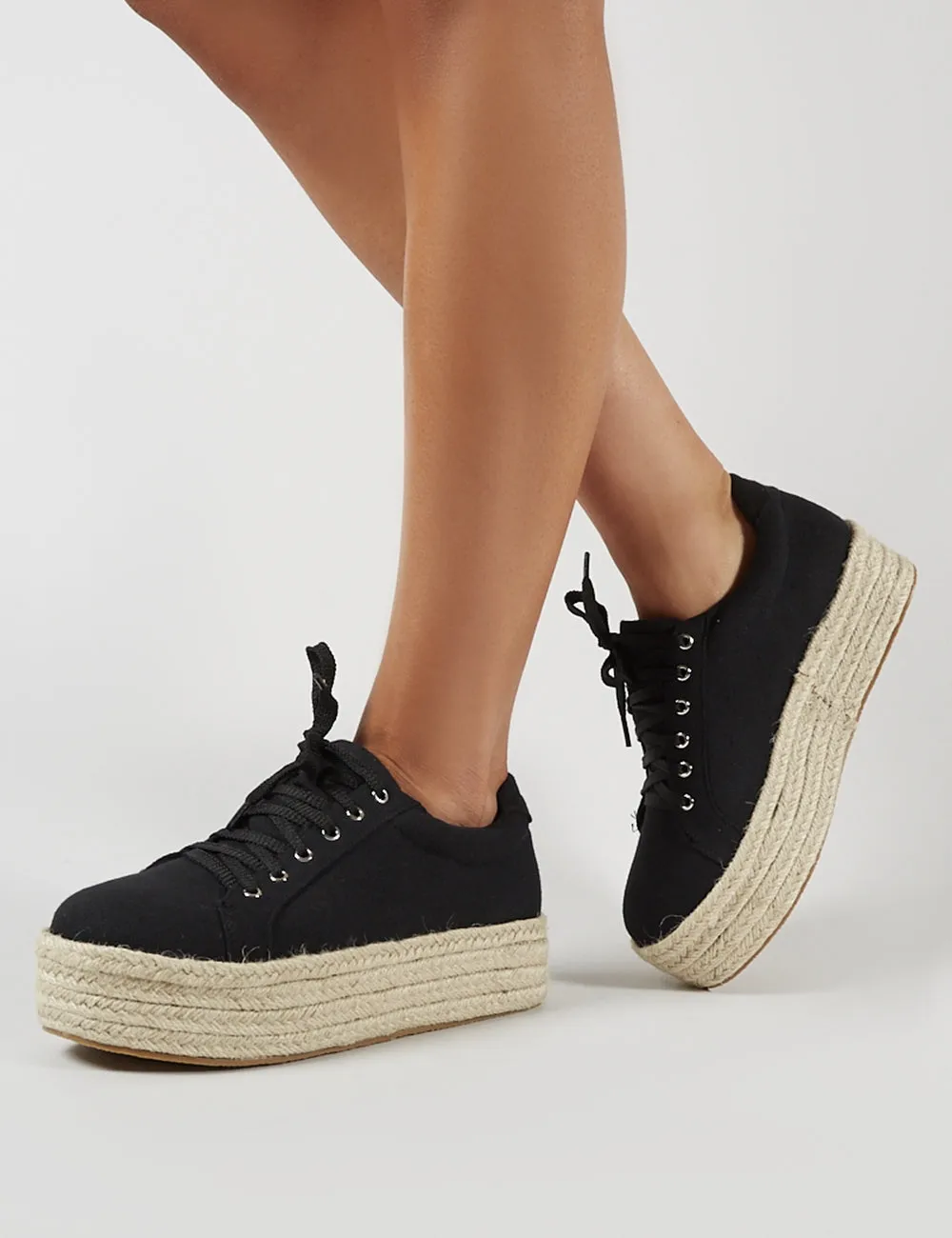 Paloma Espadrille Flatform Trainers in Black Canvas