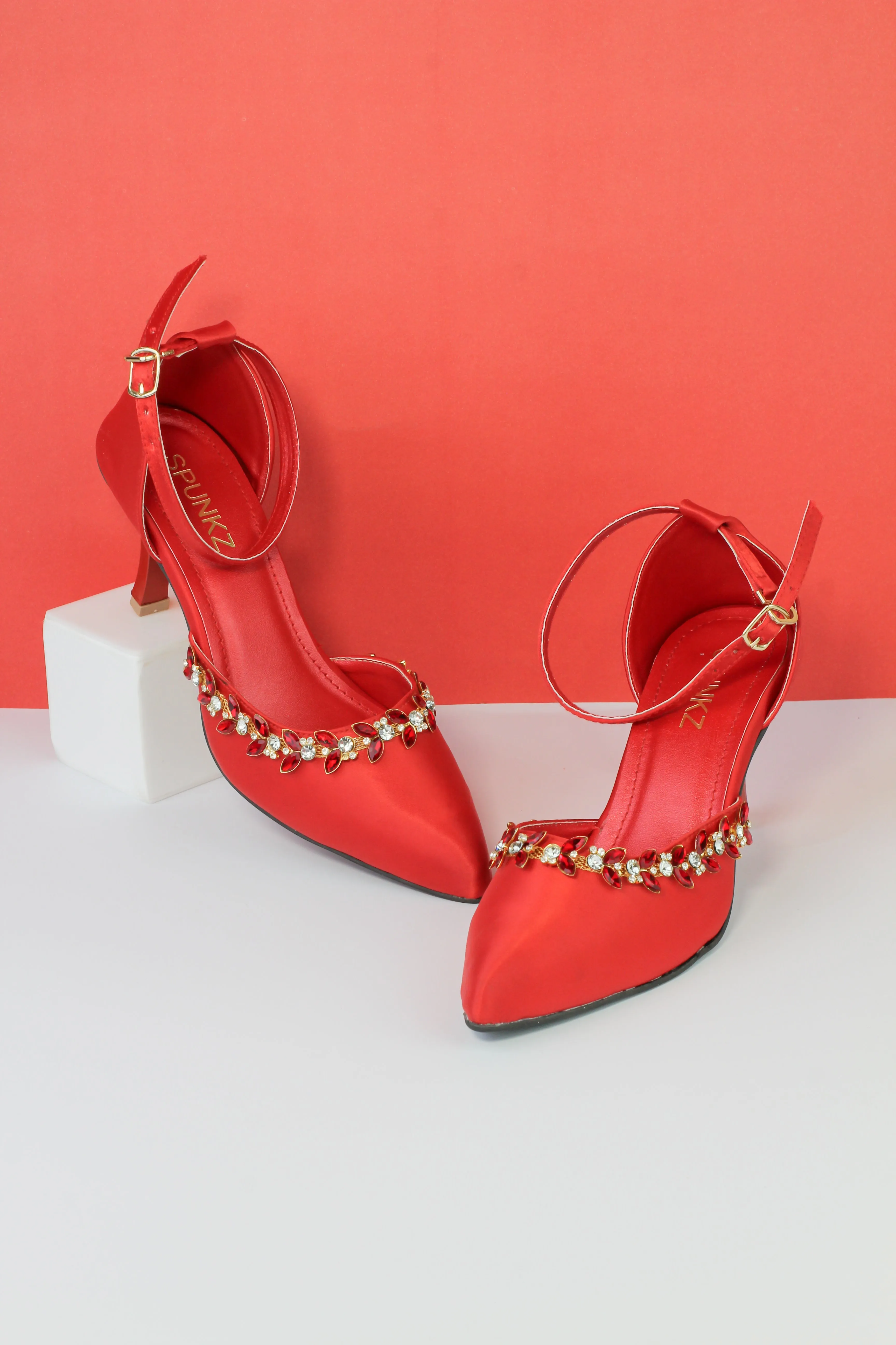 Red Petal Crystal Flowers Studded Pointed Toe Satin Heels