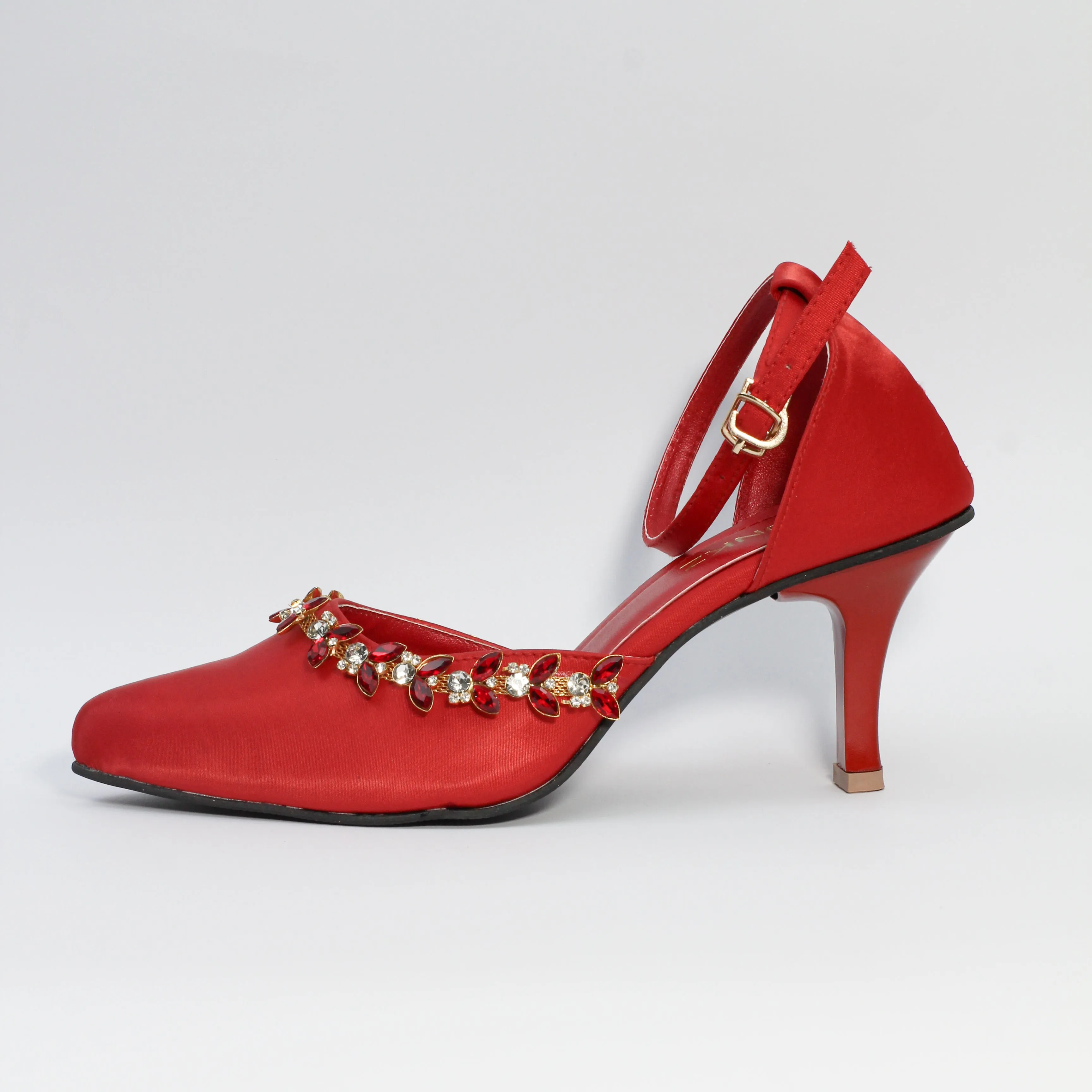 Red Petal Crystal Flowers Studded Pointed Toe Satin Heels