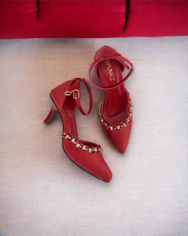 Red Petal Crystal Flowers Studded Pointed Toe Satin Heels