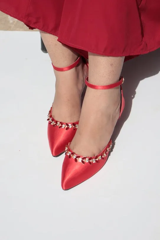 Red Petal Crystal Flowers Studded Pointed Toe Satin Heels