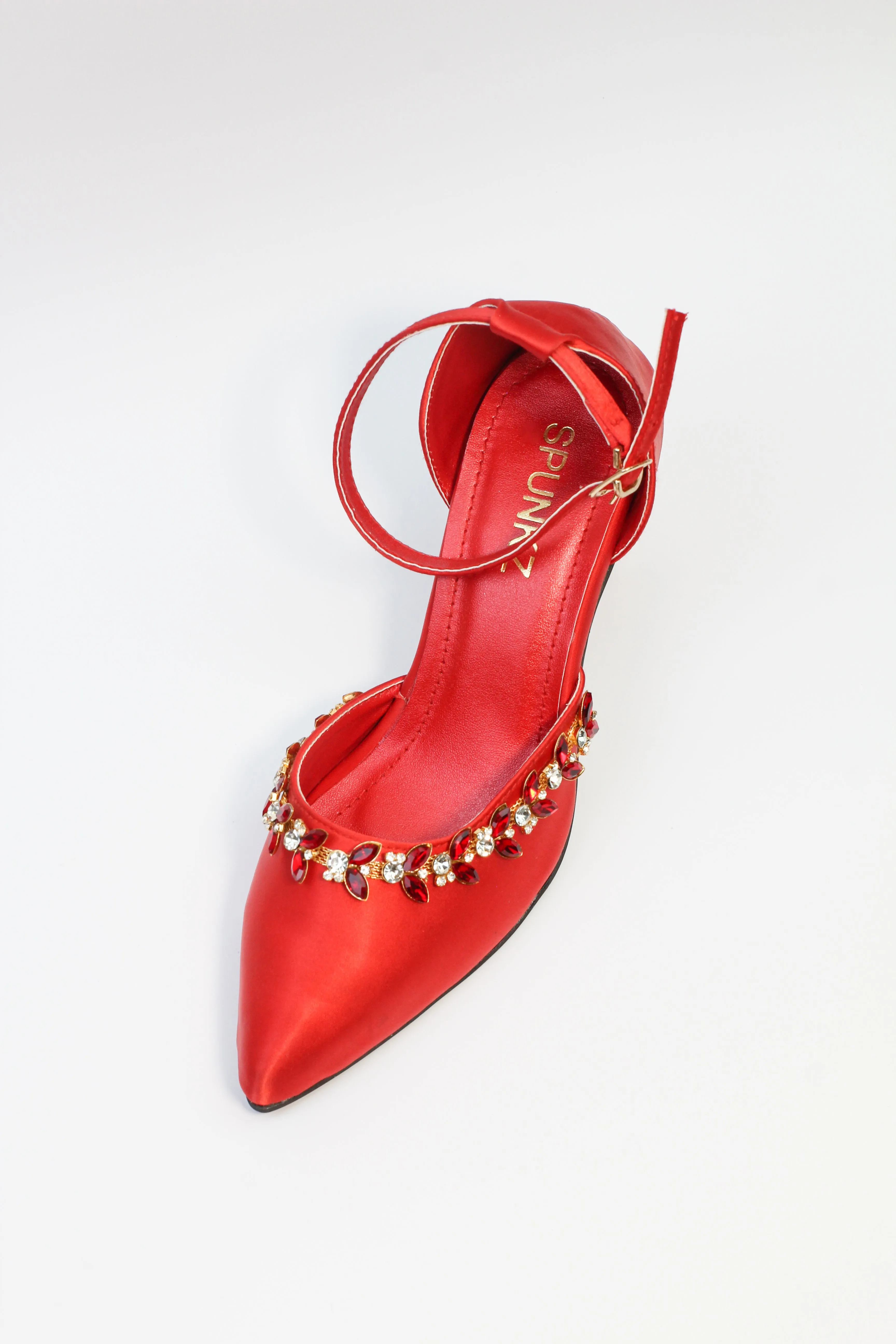 Red Petal Crystal Flowers Studded Pointed Toe Satin Heels