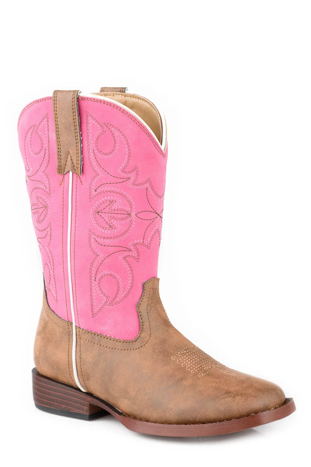 Roper Kids Girls Ainsley Tan/Pink Faux Leather Cowboy Boots