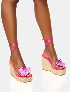 Tabatha Pink Raffia Flower Strappy Espadrille Wedge